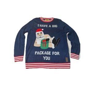 Tipsy Elves Size L Big Package Ugly Christmas Sweater Navy Blue Red White Stripe